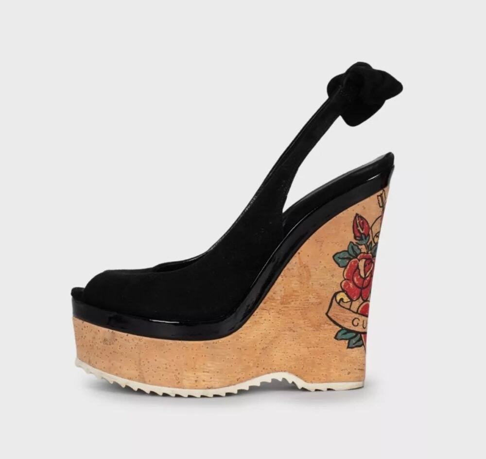 Gucci Black Suede Printed Wedge Sandals - EU 35